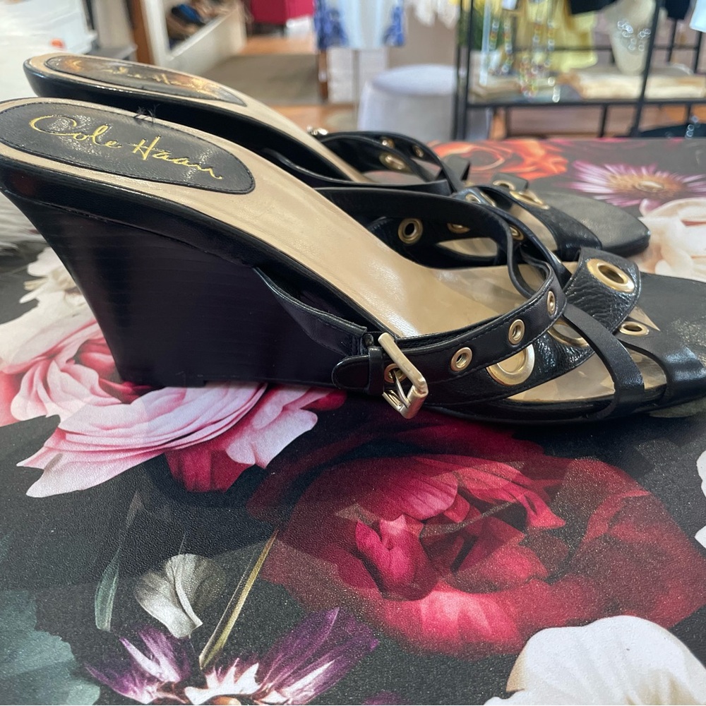 Cole Haan Black Leather Wedge Sandals